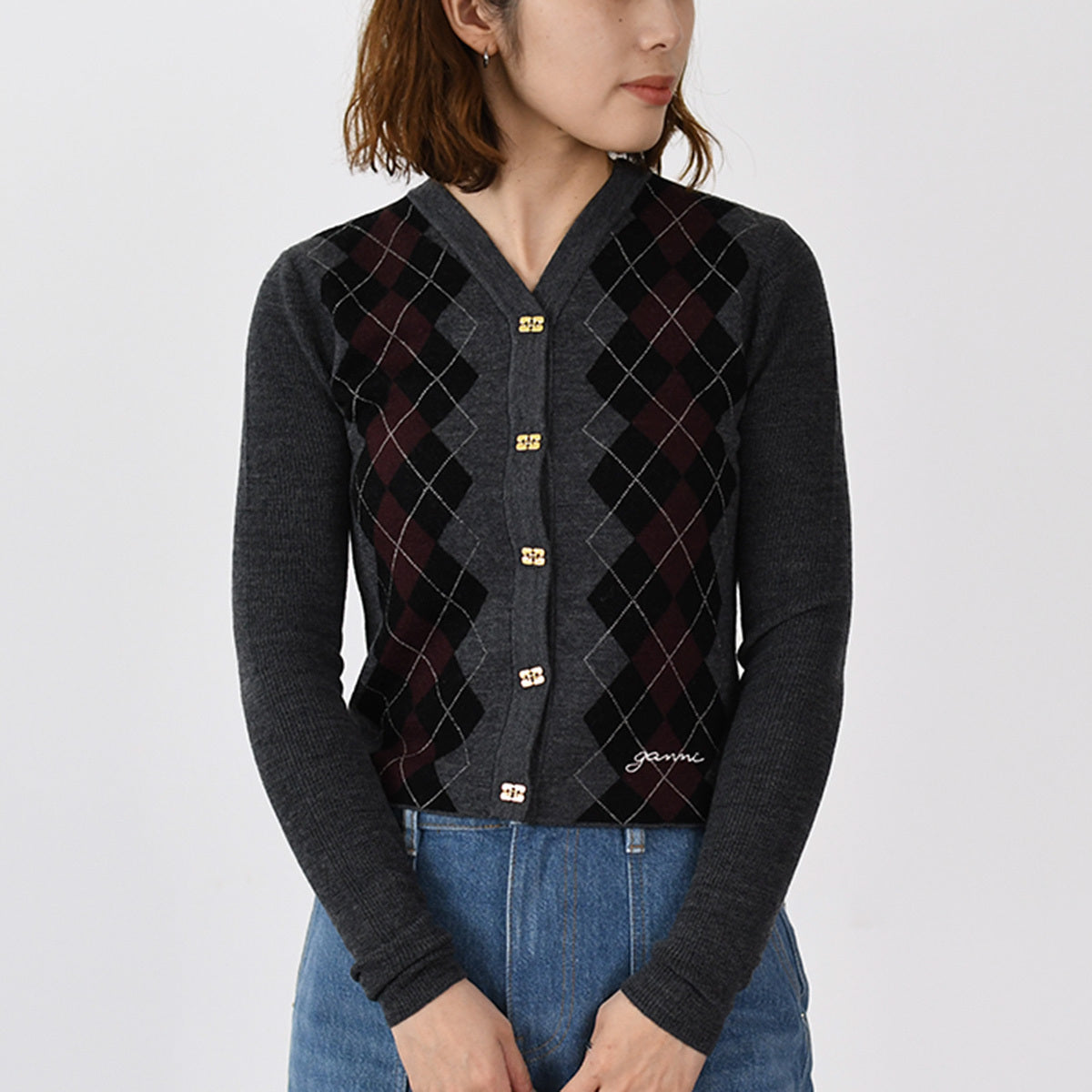 GANNI ARGYLE KNIT CARDIGAN