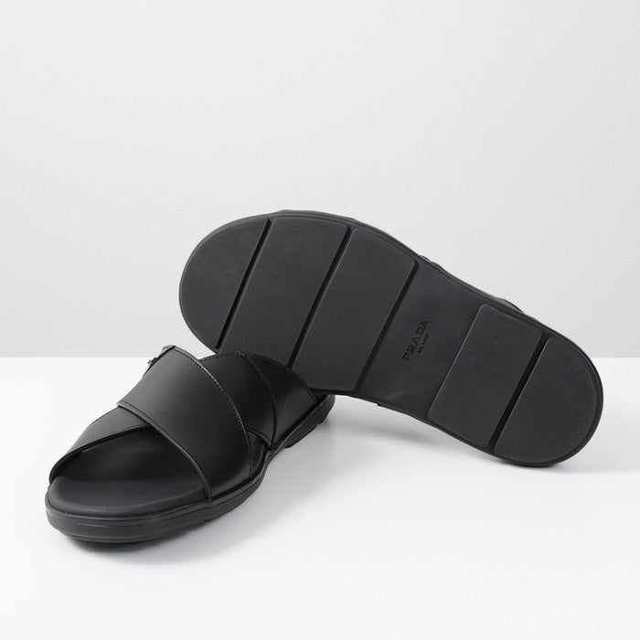 PRADA Leather Criss-Cross Slide Sandals