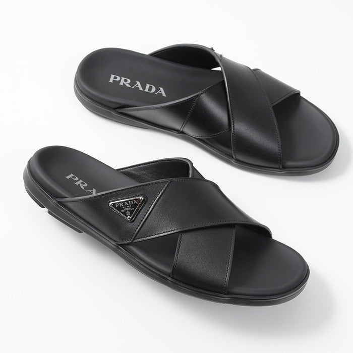 PRADA Leather Criss-Cross Slide Sandals