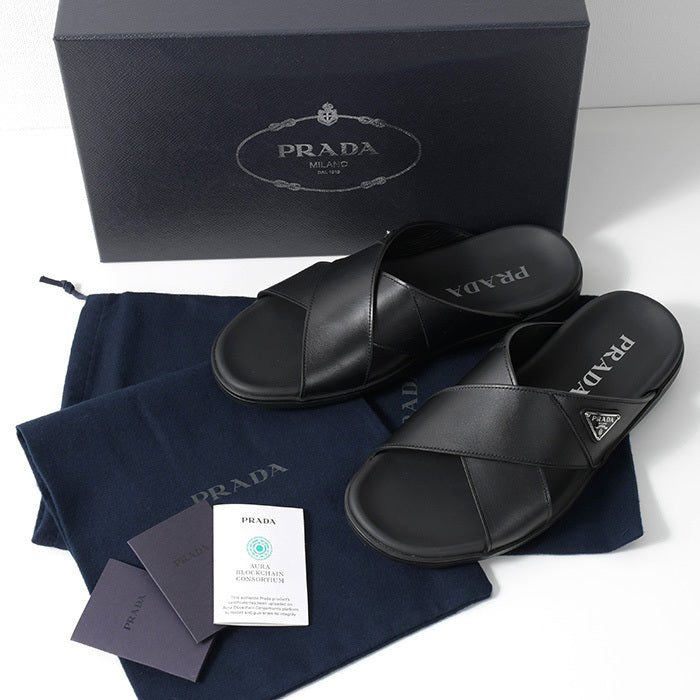 PRADA Leather Criss-Cross Slide Sandals
