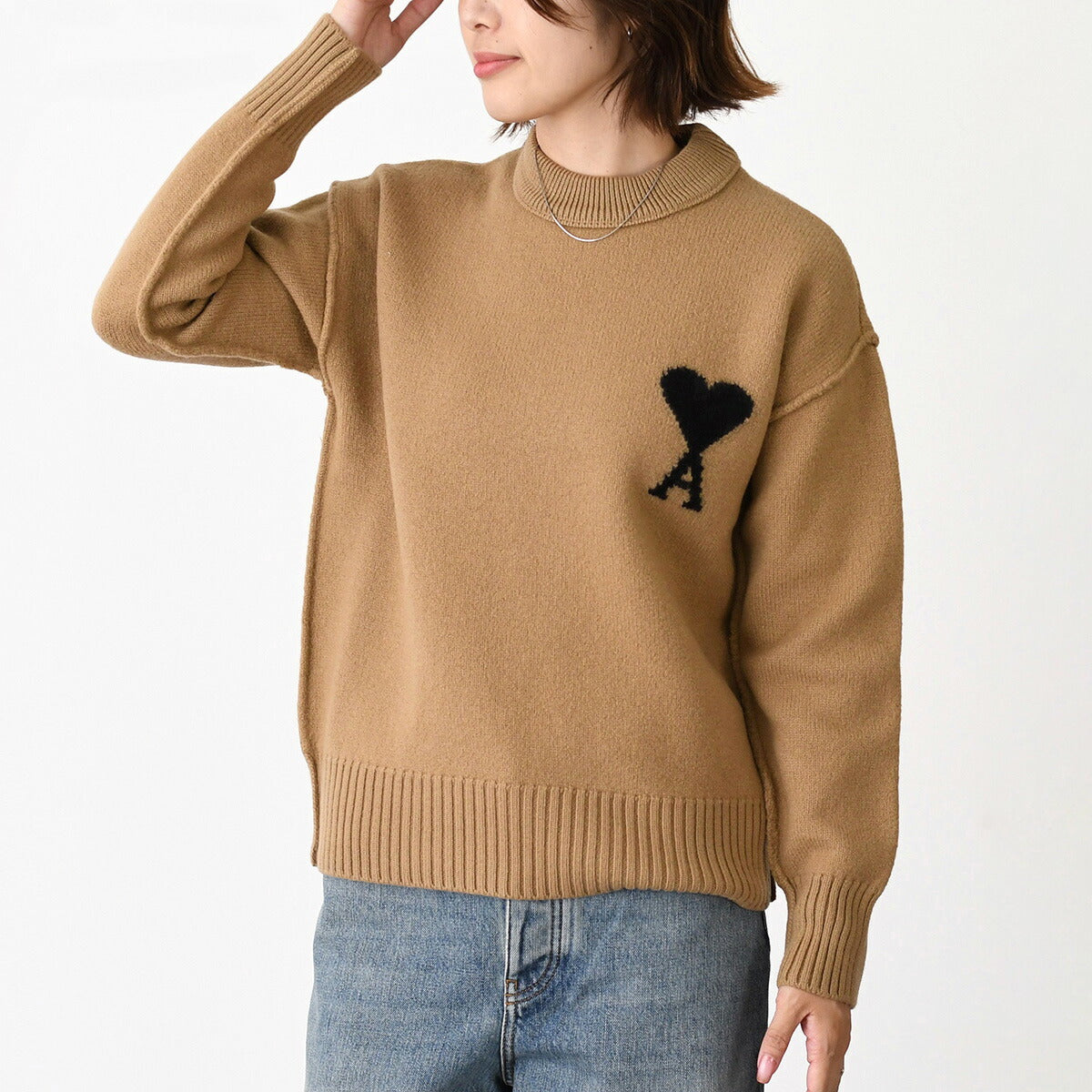 AMI PARIS Ami De Coeur Crew Neck Merino Wool Felt Knit Sweater 