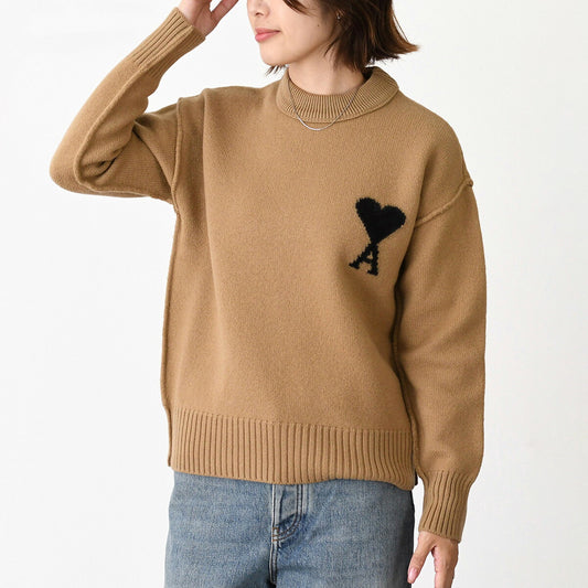 AMI PARIS Ami De Coeur Crew Neck Merino Wool Felt Knit Sweater 