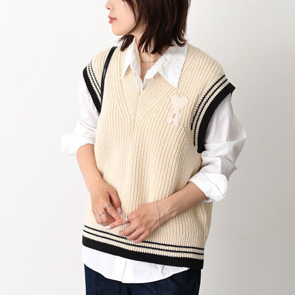 AMI PARIS AMI DE COEUR ウールリブ カレッジコットンニット ノースリーブセーター