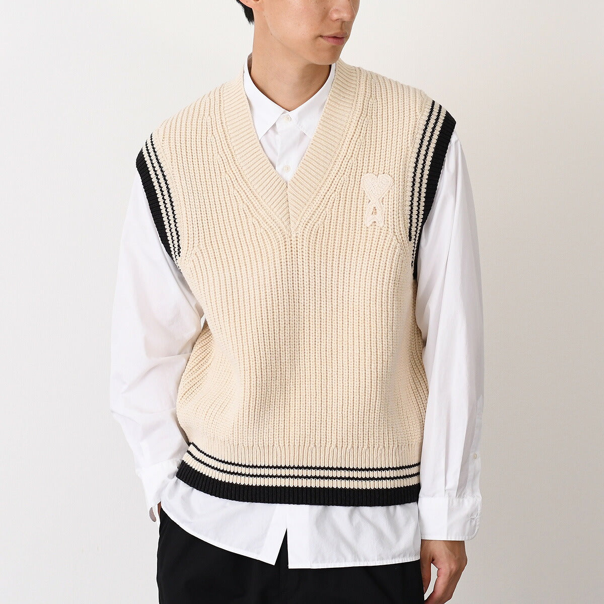 AMI PARIS AMI DE COEUR ウールリブ カレッジコットンニット ノースリーブセーター