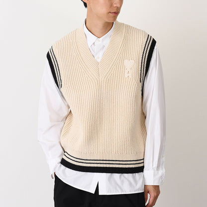 AMI PARIS AMI DE COEUR ウールリブ カレッジコットンニット ノースリーブセーター