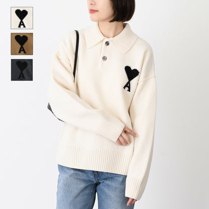 AMI PARIS Ami De Coeur Merino Wool Felt Knit Polo 