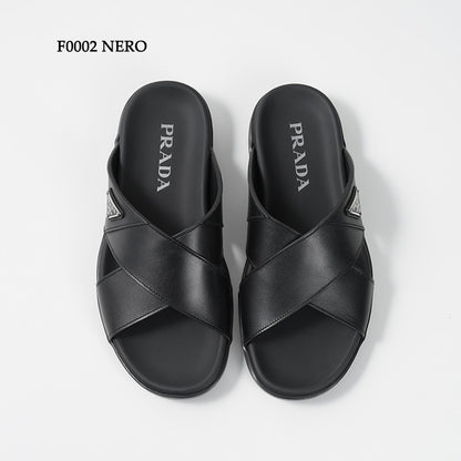 PRADA Leather Criss-Cross Slide Sandals 