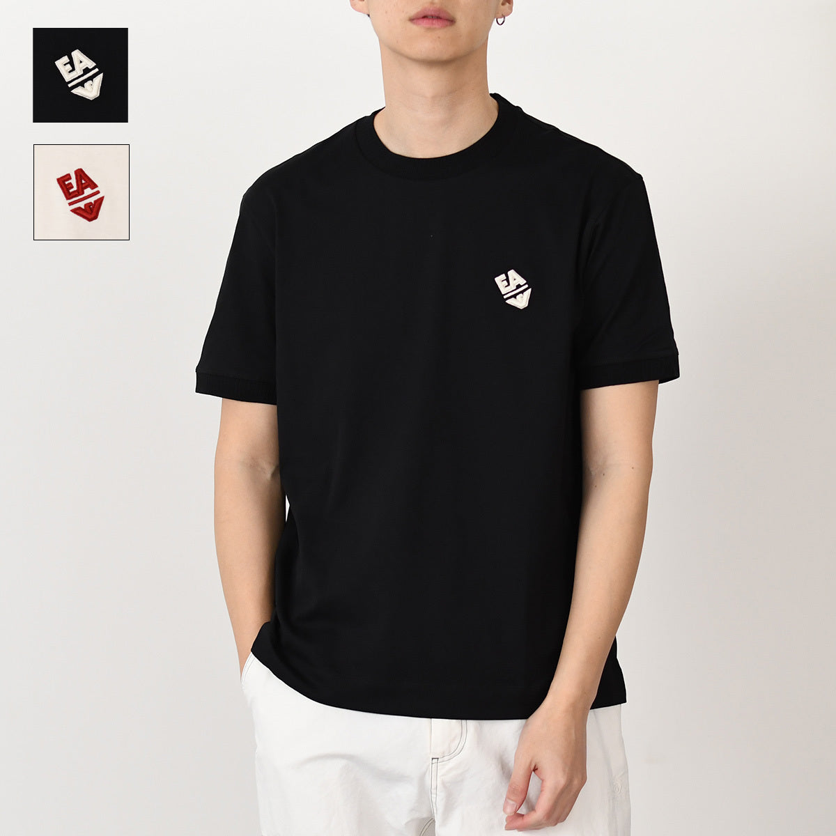 EMPORIO ARMANI 경량 저지 로고 자수 &amp; 리브 트림 T 셔츠 