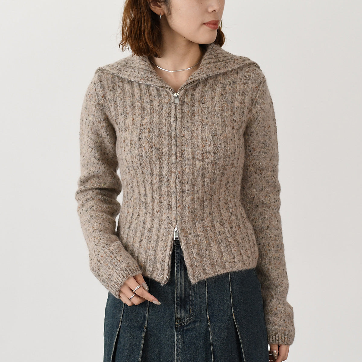 GANNI ALPACA COTTON MIX HIGHNECK ZIP CARDIGAN