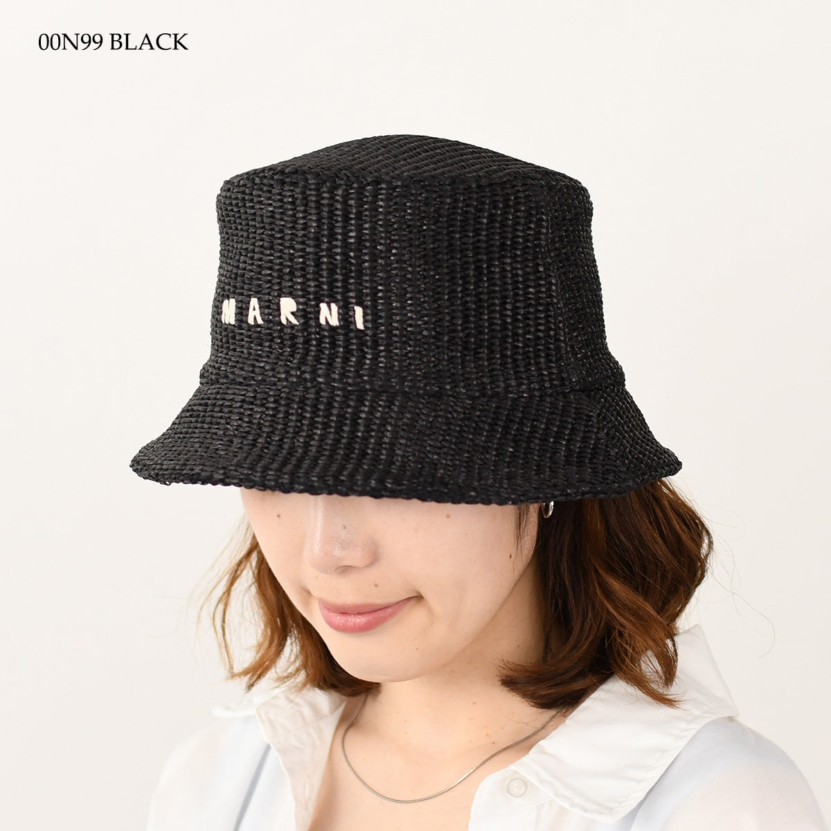 MARNI ラフィア調 バケットハットロゴ刺しゅう入り