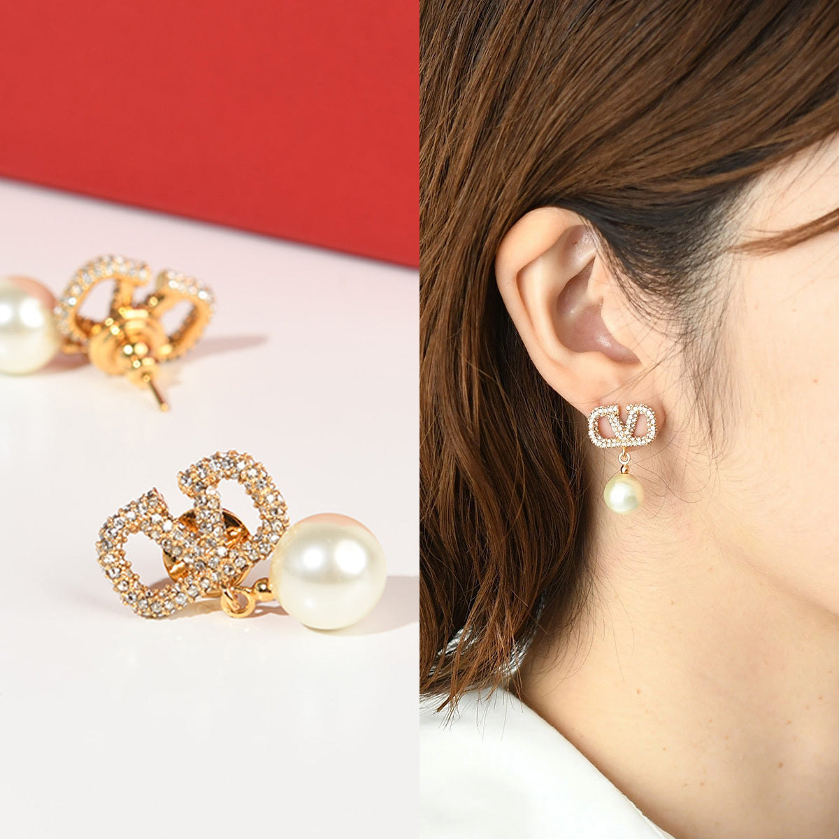 VALENTINO Vロゴ クリスタル x パールピアス