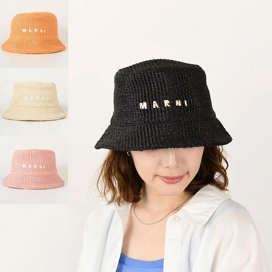 MARNI ラフィア調 バケットハットロゴ刺しゅう入り