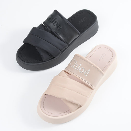 CHLOE MILA LEATHER AND NYLON SLIDE SANDALS 