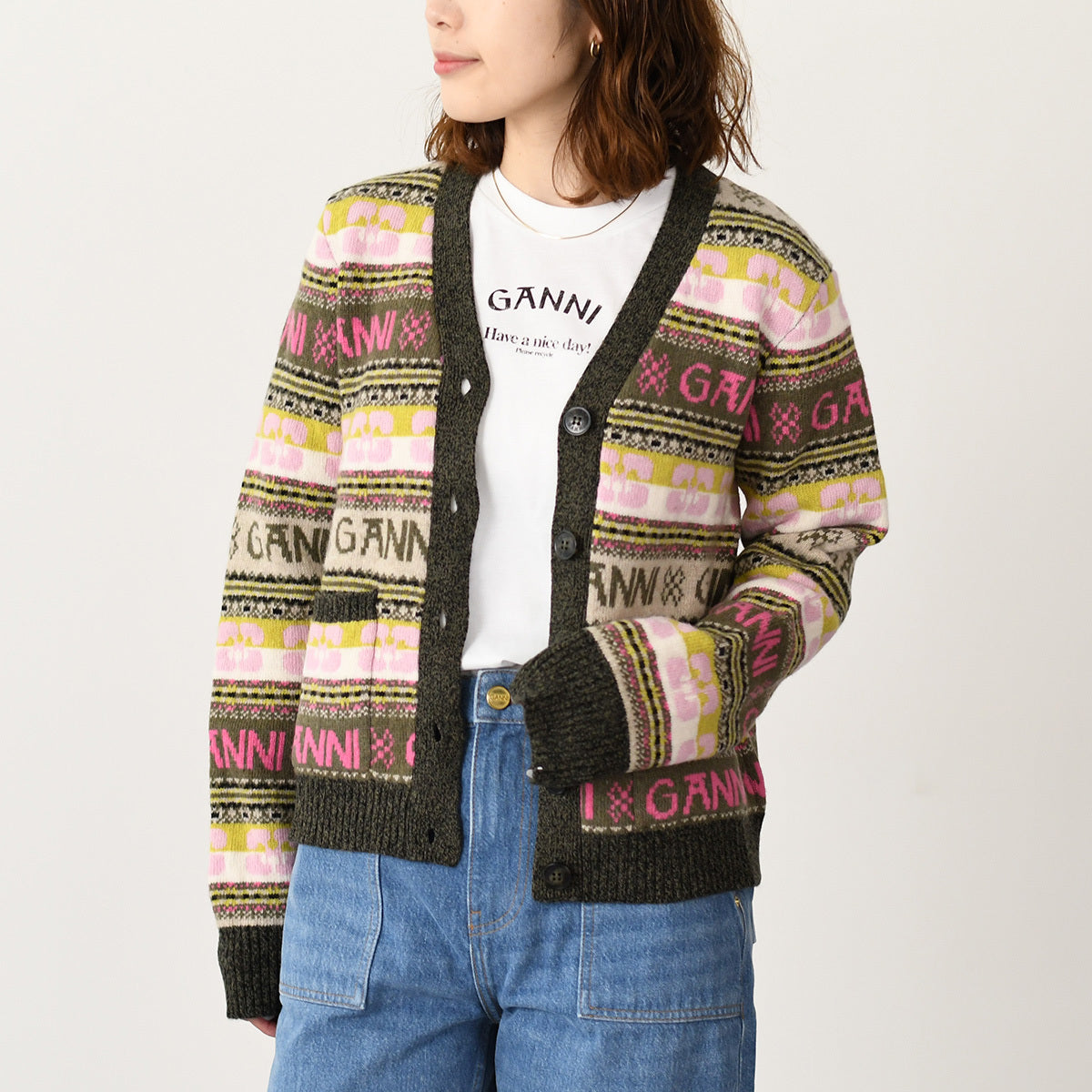 GANNI ロゴウールミックスカーディガン