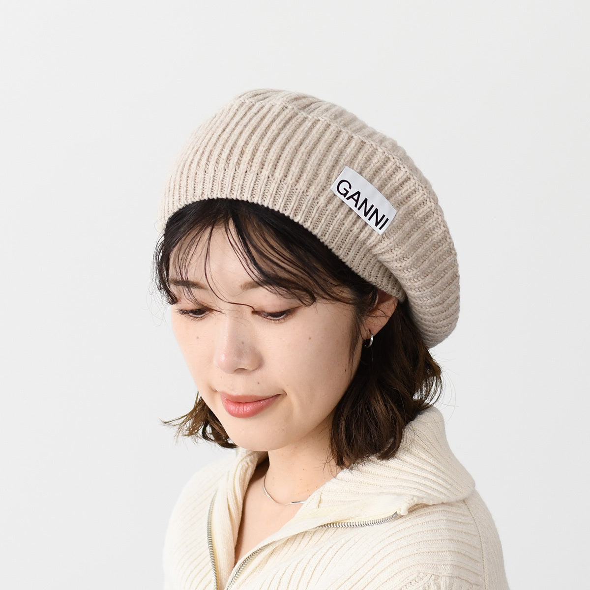 GANNI ロゴ リブ ベレー帽