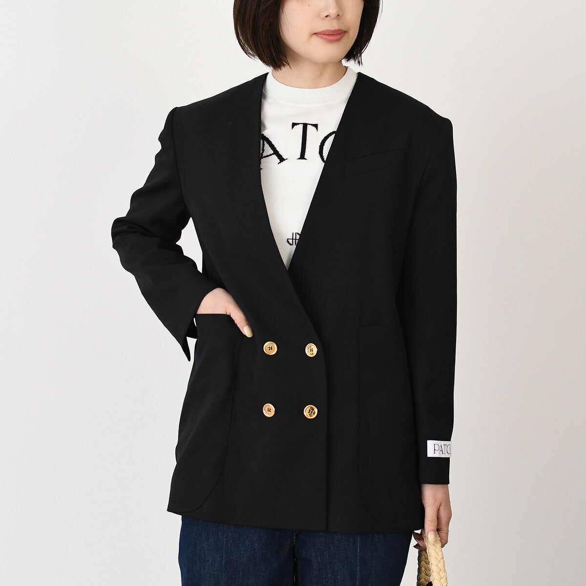 PATOU 테크 울제 노칼라 더블 브레스트 재킷 