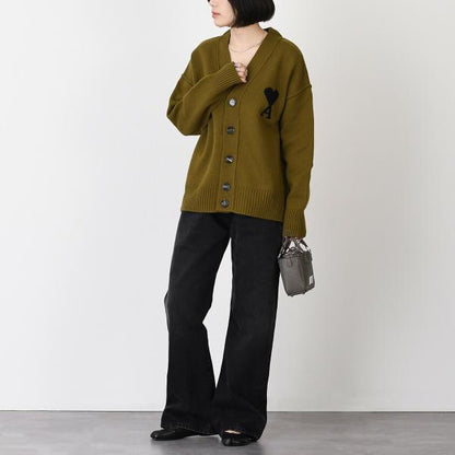 AMI PARIS Ami De Coeur Merino Wool Felt Knit Cardigan 