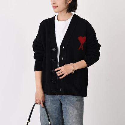 AMI PARIS Ami De Coeur Merino Wool Felt Knit Cardigan 