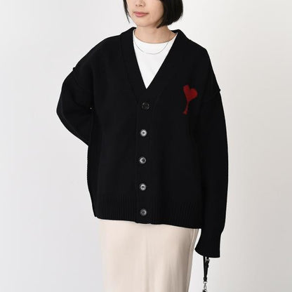 AMI PARIS Ami De Coeur Merino Wool Felt Knit Cardigan 