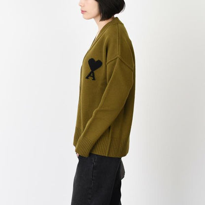 AMI PARIS Ami De Coeur Merino Wool Felt Knit Cardigan 