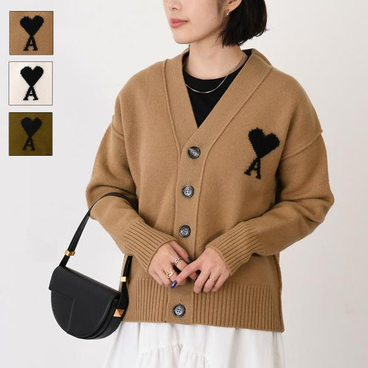 AMI PARIS Ami De Coeur Merino Wool Felt Knit Cardigan 