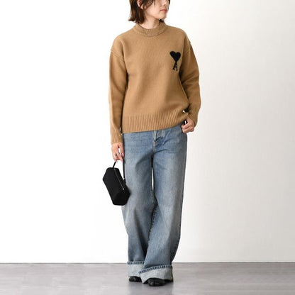 AMI PARIS Ami De Coeur Crew Neck Merino Wool Felt Knit Sweater 