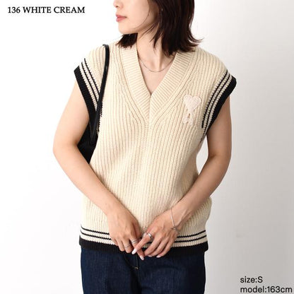 AMI PARIS AMI DE COEUR ウールリブ カレッジコットンニット ノースリーブセーター