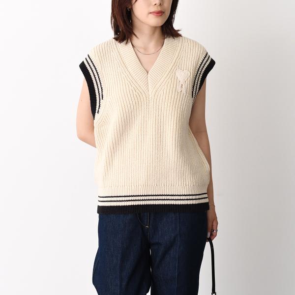 AMI PARIS AMI DE COEUR ウールリブ カレッジコットンニット ノースリーブセーター
