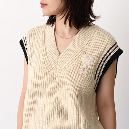 AMI PARIS AMI DE COEUR ウールリブ カレッジコットンニット ノースリーブセーター