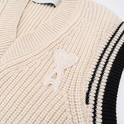 AMI PARIS AMI DE COEUR ウールリブ カレッジコットンニット ノースリーブセーター
