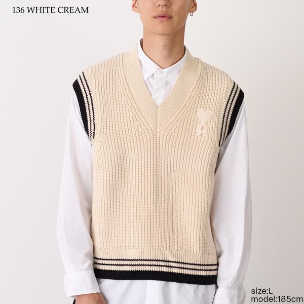 AMI PARIS AMI DE COEUR ウールリブ カレッジコットンニット ノースリーブセーター