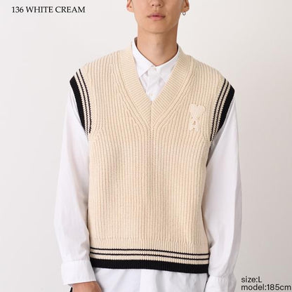 AMI PARIS AMI DE COEUR ウールリブ カレッジコットンニット ノースリーブセーター