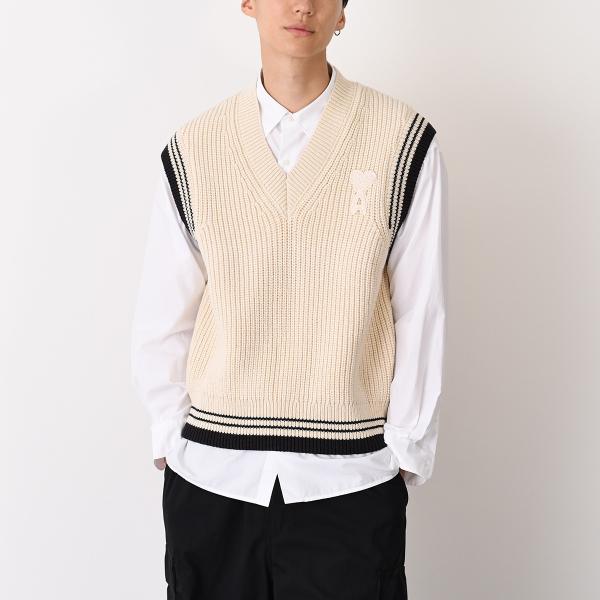 AMI PARIS AMI DE COEUR ウールリブ カレッジコットンニット ノースリーブセーター