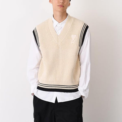 AMI PARIS AMI DE COEUR ウールリブ カレッジコットンニット ノースリーブセーター