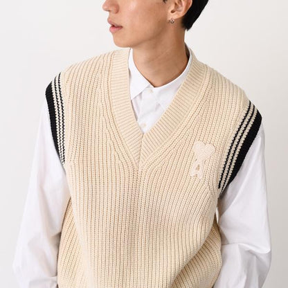 AMI PARIS AMI DE COEUR ウールリブ カレッジコットンニット ノースリーブセーター