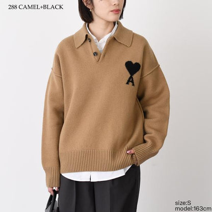 AMI PARIS Ami De Coeur Merino Wool Felt Knit Polo 