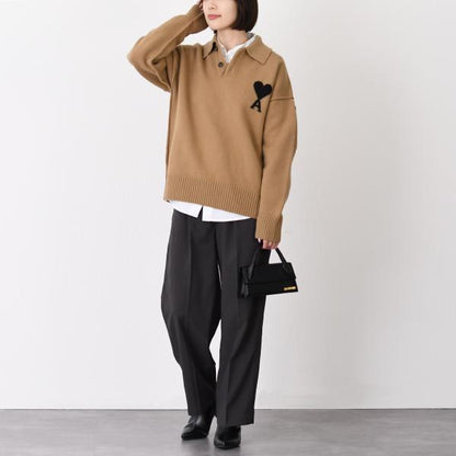 AMI PARIS Ami De Coeur Merino Wool Felt Knit Polo 