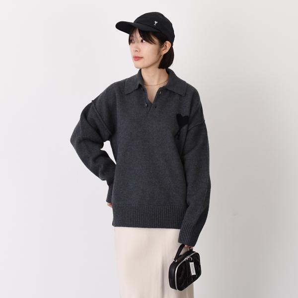 AMI PARIS Ami De Coeur Merino Wool Felt Knit Polo 