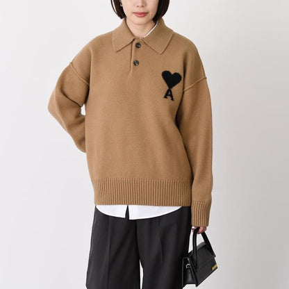 AMI PARIS Ami De Coeur Merino Wool Felt Knit Polo 