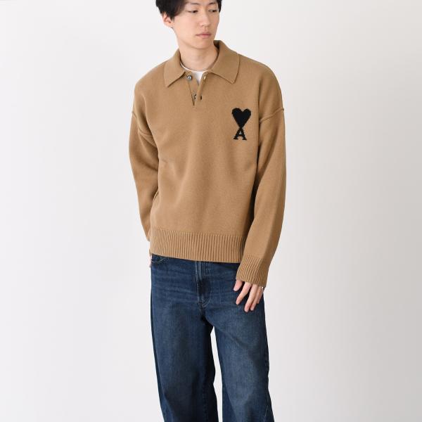 AMI PARIS AMI DE COEUR 메리노 울 펠트 니트 폴로 