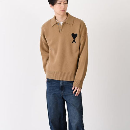 AMI PARIS AMI DE COEUR 메리노 울 펠트 니트 폴로 