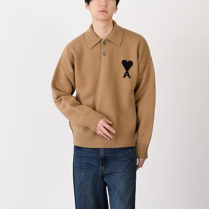 AMI PARIS AMI DE COEUR 메리노 울 펠트 니트 폴로 