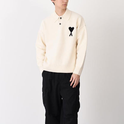 AMI PARIS AMI DE COEUR 메리노 울 펠트 니트 폴로 