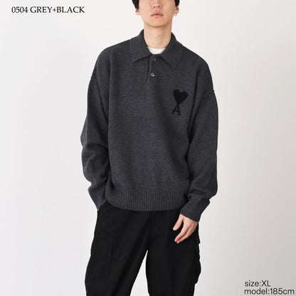 AMI PARIS AMI DE COEUR 메리노 울 펠트 니트 폴로 