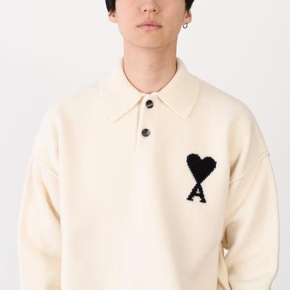 AMI PARIS AMI DE COEUR 메리노 울 펠트 니트 폴로 