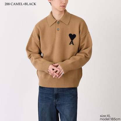 AMI PARIS AMI DE COEUR 메리노 울 펠트 니트 폴로 