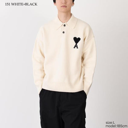 AMI PARIS AMI DE COEUR 메리노 울 펠트 니트 폴로 