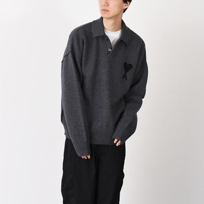 AMI PARIS AMI DE COEUR 메리노 울 펠트 니트 폴로 