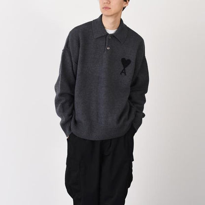 AMI PARIS AMI DE COEUR 메리노 울 펠트 니트 폴로 