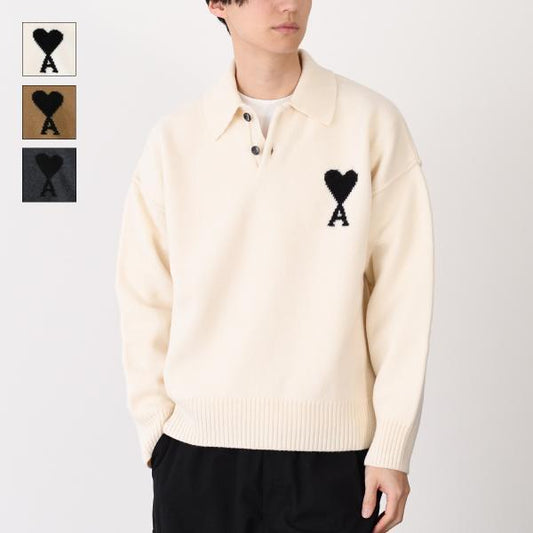 AMI PARIS AMI DE COEUR Merino wool felt knit polo 